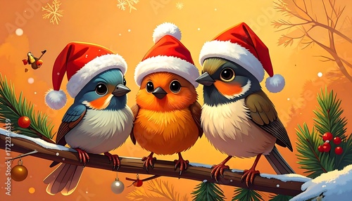 Three birds in winter hats