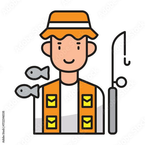 Cartoon fisherman in a hat and vest with fishing rod and fish