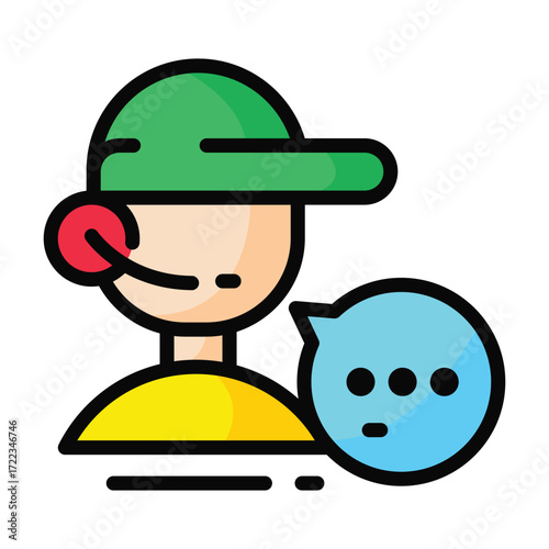 Cartoon man wearing a green cap with headset speaking