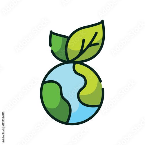 Cartoon earth with two green leaves growing from its top