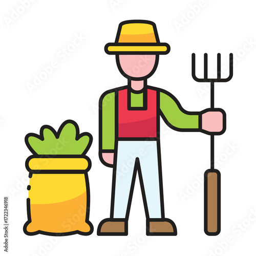 Cartoon farmer with pitchfork and sack of crops