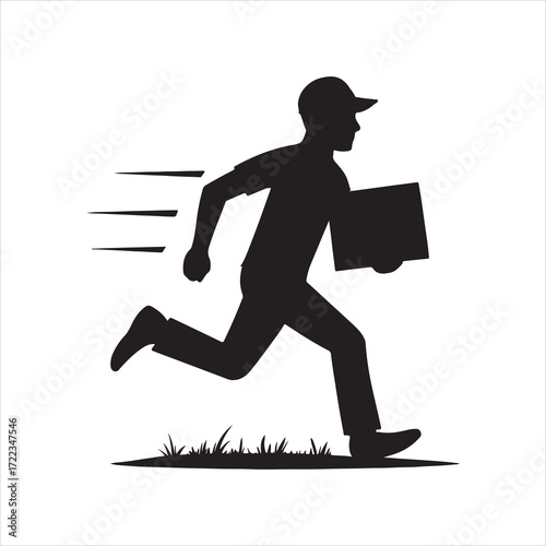 Fast delivery service silhouette of a courier running with a package on a white background symbolizing speed and efficiency in logistics and transportation showcasing urgent shipping solutions