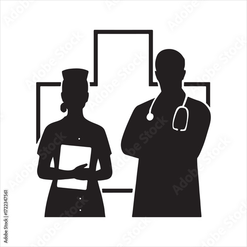 Healthcare Professionals Silhouettes with Medical Cross Symbolizing Health and Well being in Modern Medicine Featuring Doctor and Nurse Illustrations Showcasing Medical Teamwork