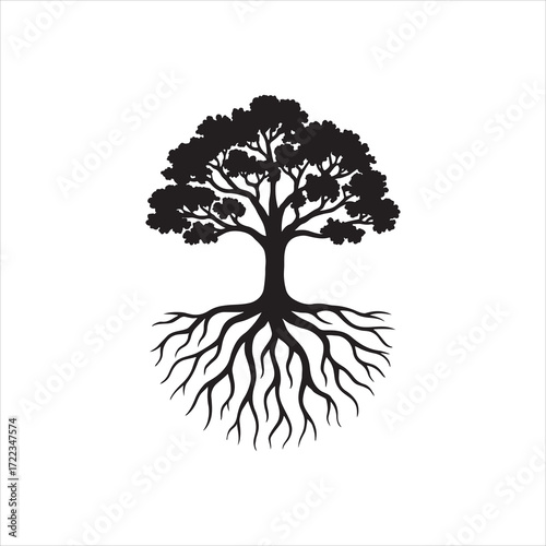 Majestic tree silhouette with sprawling roots representing growth connection and natural strength a symbol of life resilience and deep rooted foundations with a modern minimalist aesthetic