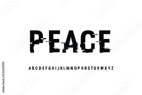 Distressed black peace word with glitch effect and alphabet