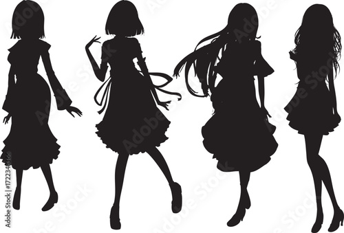 可愛い女の子のシルエットイラスト素材セット