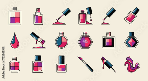 A collection of stylized icons featuring colorful nail polish bottles, applicators, and drips in various designs.