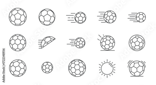 A collection of stylized line art icons depicting soccer balls in various states of motion, stationary, and in different sizes, suggesting game play and sport activity.