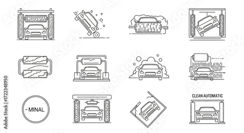 A collection of line art icons illustrating various stages and aspects of an automatic car wash process, including washing, drying, and cleaning.