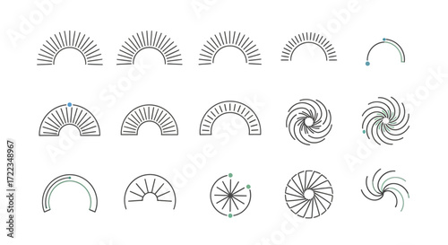 A collection of abstract graphic elements featuring radial lines forming semicircles and circular patterns, suggesting movement and design.