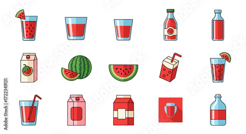 Collection of watermelon juice products in various forms, from glasses and bottles to cartons and slices.