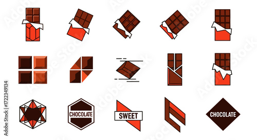 Collection of chocolate bar icons in various styles, from simple representations to more abstract designs.