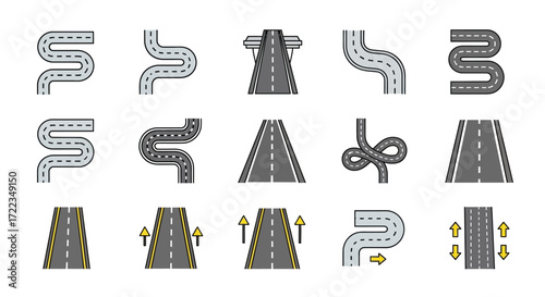 Collection of various road and highway icons, showing different shapes, turns, and overpasses.