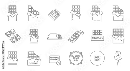 Set of outline illustrations depicting various chocolate bars and packaging.