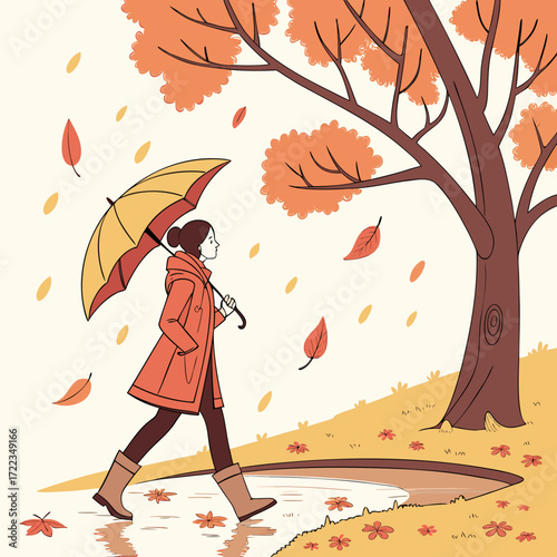 Woman with umbrella walking in autumn park — falling leaves, reddish tree arch, rain puddle reflection.