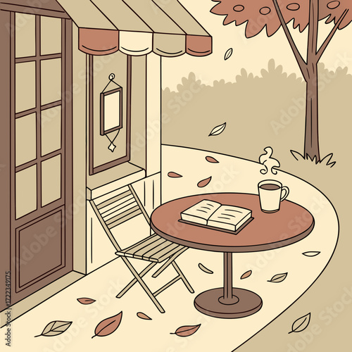 Outdoor cafe in autumn — table with steaming cup, open book, dry leaves scattered around.