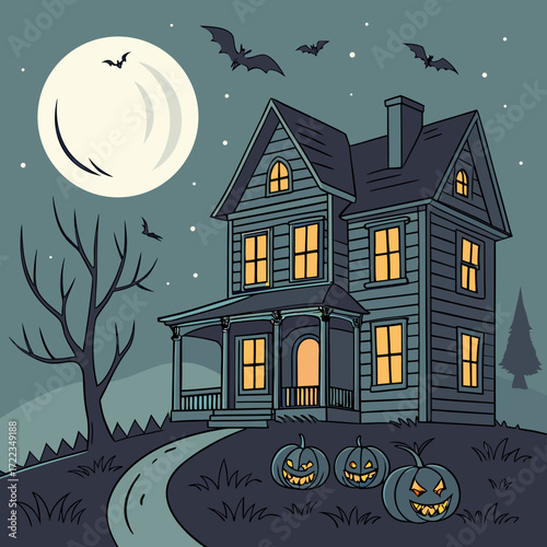 Old house decorated for Halloween — lit windows, silhouetted bats, pumpkins in the garden, night sky with a full moon.