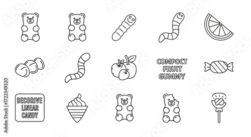 A set of minimalist outline icons depicting various candies like gummy bears, worms, and sweets.
