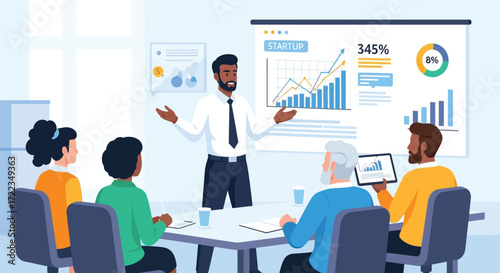 Teamwork Presentation: An animated presentation capturing a meeting of colleagues discussing financial charts with animated illustration.
