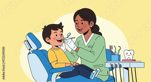 Friendly Dental Checkup: An illustration of a young child receiving a dental checkup from a caring dentist, showcasing a friendly and reassuring atmosphere.