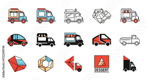 A collection of diverse, stylized illustrations of various food trucks and delivery vehicles, showcasing different designs and colors.