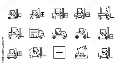 Collection of line art icons depicting various forklift trucks, a delivery truck, a loading dock, and a factory building, illustrating logistics and material handling.