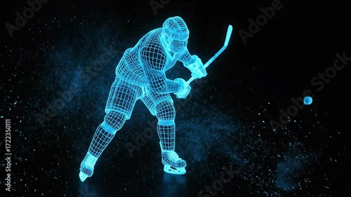 Dynamic Neon Wireframe Hockey Player in Action, Digital Sports Animation