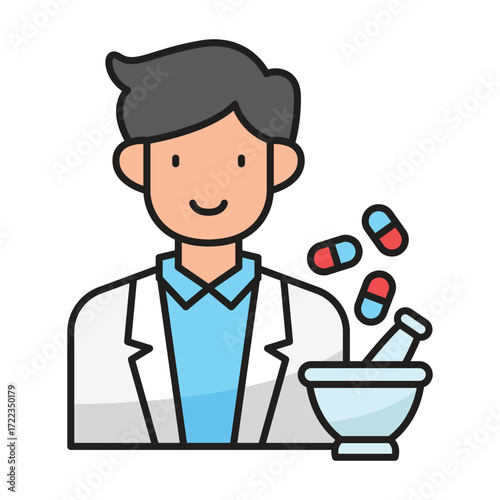 Cartoon pharmacist with lab coat mortar and pestle and capsules