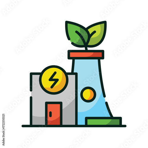 Cartoon power plant with green leaves on top of a smokestack