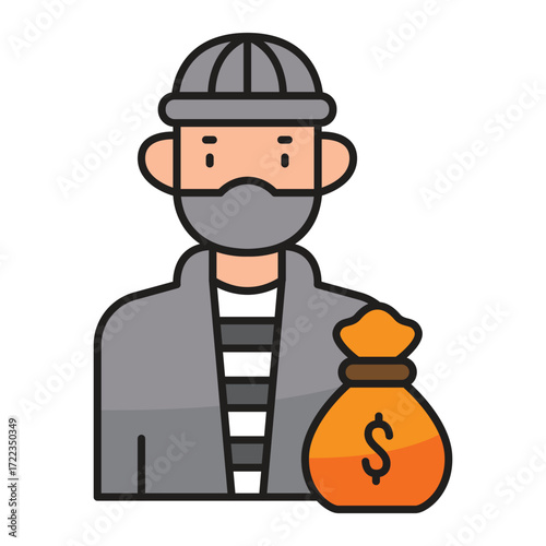 Cartoon robber in striped shirt holding money bag