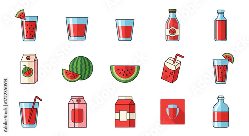 A vibrant collection of cartoon icons depicting watermelon, juice, and various drink containers like glasses, bottles, and cartons.