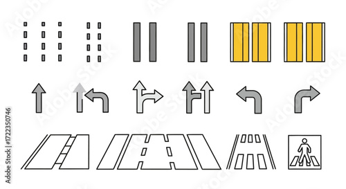 Collection of simple road markings and directional arrows for traffic guidance.