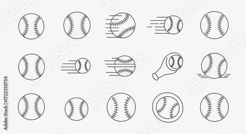 Collection of minimalist baseball icons; various views, motion, and a bat.
