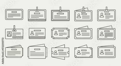 A collection of various identification card and name badge icons, illustrated in a clean, minimalist outline style.