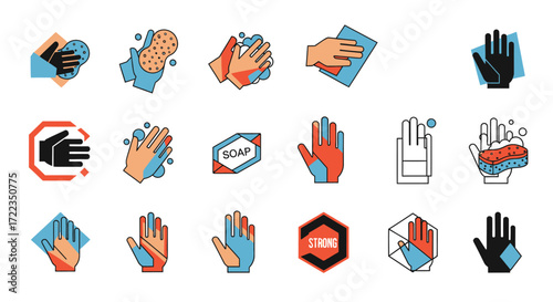 A set of graphic icons showing hand washing, cleaning with sponges, and wearing protective gloves for hygiene.