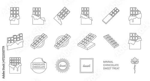A collection of stylized line art illustrations depicting various chocolate bars, some unwrapped and melting, presented in different angles and perspectives,...