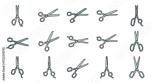 A set of fifteen professional hairdressing and barber scissors illustrations in various open and closed positions.
