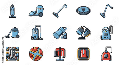 A collection of diverse vacuum cleaner icons showcasing various models, including upright, canister, robotic, and handheld designs, along with cleaning accessories.