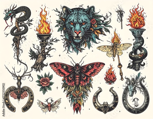 Tattoo design collection featuring mythical creatures and nature elements