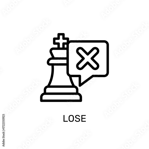 Simple line icon of a defeated chess king with a cross mark. A vector symbol representing the concept of losing, checkmate, strategic failure, and defeat in a game