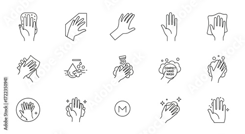 A collection of line art icons illustrating various hand hygiene practices, including washing, sanitizing, and drying hands with different tools.