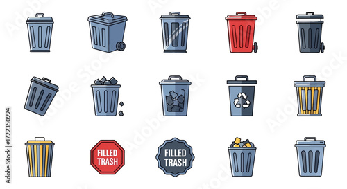 An assortment of colorful waste bins, garbage cans, and recycling containers, depicted in various styles and states.