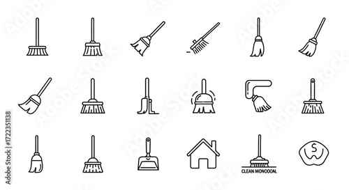 Collection of line art icons depicting various types of brooms, dustpans, and cleaning tools, including a house and floor stain icon.