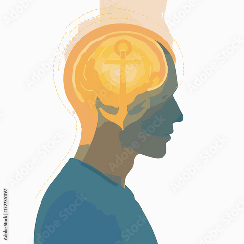 A flat vector illustration of a person with a glowing anchor, symbolizing mental stability and strength, on a white background