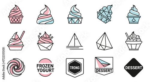 Collection of minimalist, stylized frozen yogurt logo designs, featuring various shapes and colors.