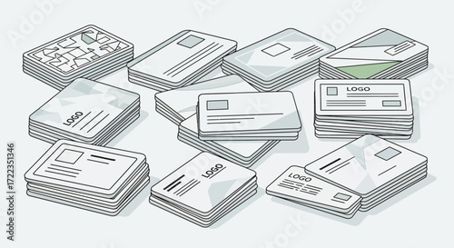 Stacks of various business cards and envelopes, isometric view, graphic design.