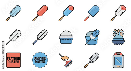 Colorful icons depicting various feather dusters, cleaning supplies, and related cleaning concepts.