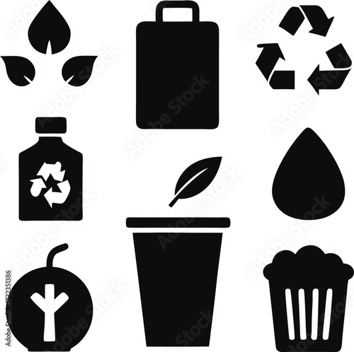 Black silhouette icons for recycling and nature leaves