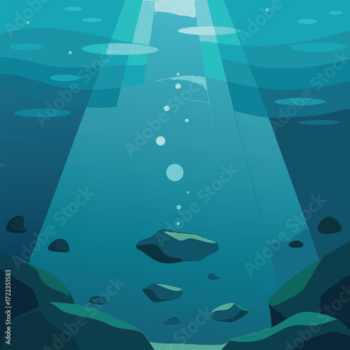 Deep underwater with light beams and floating rocks