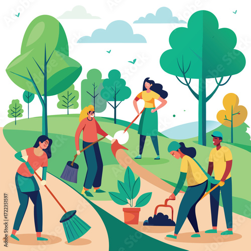Diverse group of people cleaning and gardening in a park